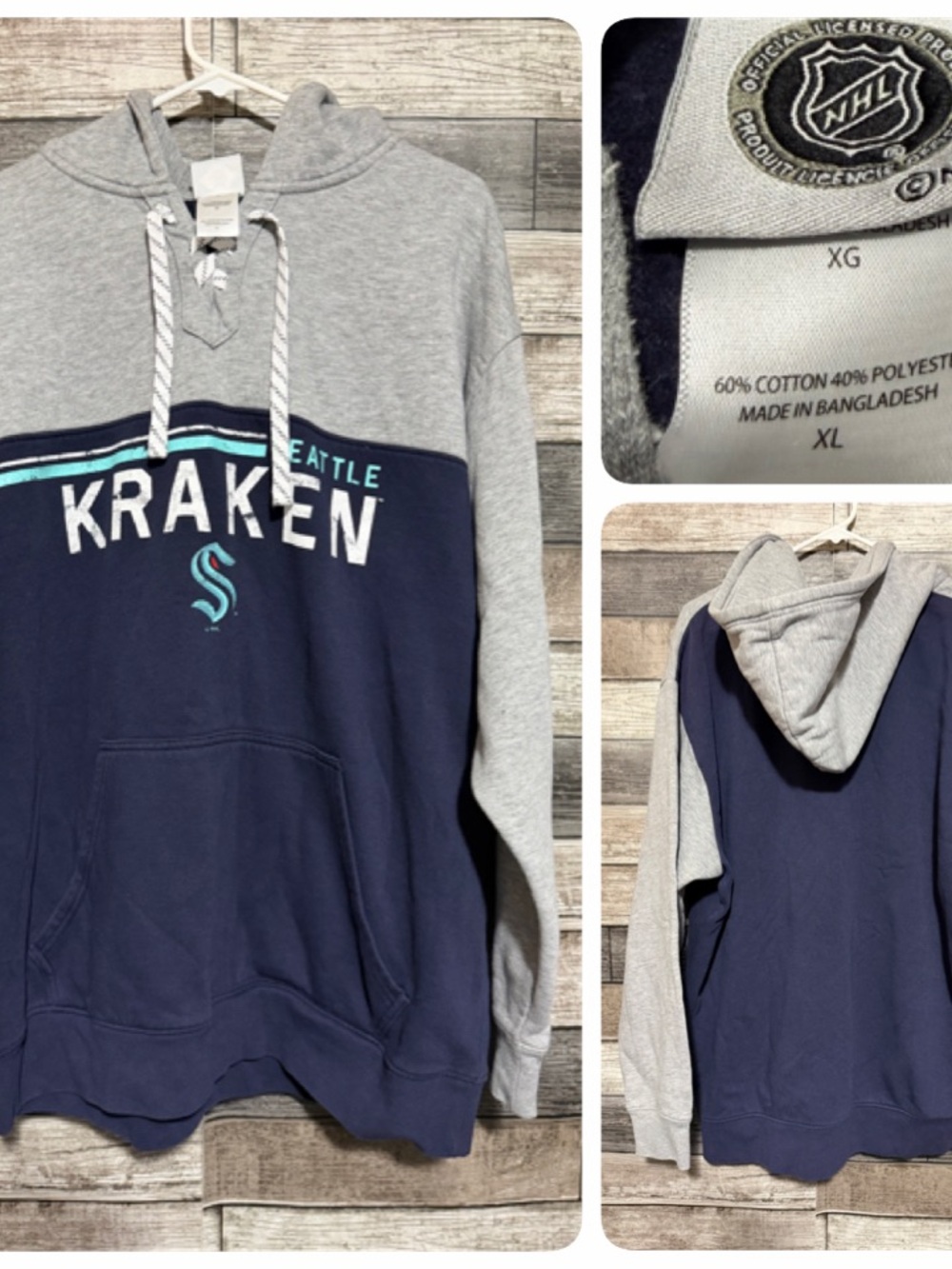 NHL Seattle Kraken Hoodie Sweatshirt Menās XL Blue Gray Lace Up Pullover Fleece